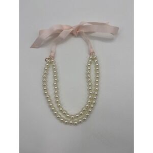 J Crew Factory Girls Two Strand Pearl Necklace Pink Ribbon Clasp Gold Tone Charm